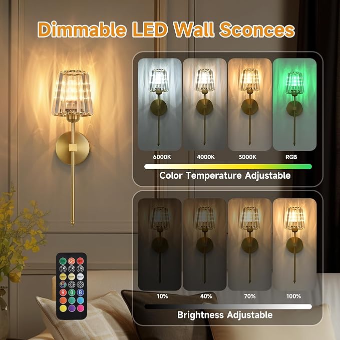 Battery Operated Crystal Wall Sconces Set of 2, Gold Wireless Wall Sconce with USB Rechargeable LED Light Bulbs 12 Colors Dimmable Crystal Wall Lamp with Remote for Bedroom Living Room, Bulbs Included