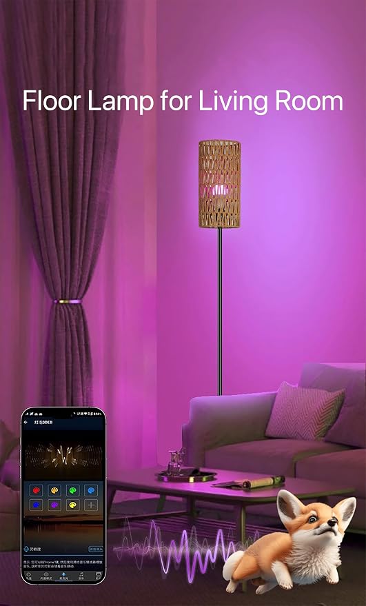 Ruiever Smart Floor Lamp for Living Room,Gaming - Remote, Timer Floor lamp with Remote, APP Control & RGB Standing lamp with Hand-Worked Rattan Shade Bluetooth Bulb Included (Bluetooth Bulb)