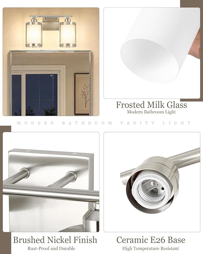 2-Light Brushed Nickel Bathroom Light Fixtures with Milk White Frosted Glass, 13.2" UL-Listed Modern Wall Sconce Over Mirror with Metal Cage for Bath, Hardwire E26, OS-3014BNW-2W