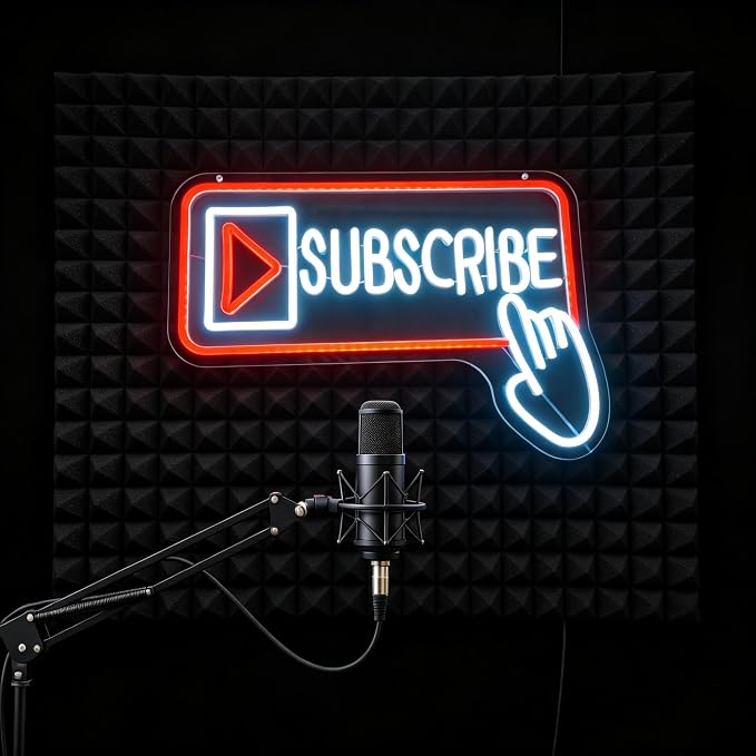 Subscribe Neon Sign, Stylish Play Button & Cursor Wall Light | 30x43cm, Red & White LED, Easy Hanging Kit Included, For Streamers/Gamers, Content Creator Rooms/Home Office Decor