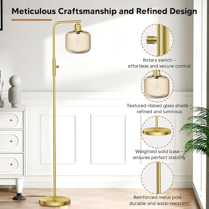 66" Dimmable Gold Standing Lamp with Champagne Ribbed Glass for Living Room | Vintage Floor Lamp with Brushed Gold, Stepless Rotary Switch and 3000K LED Bulb, Arc Floor Lamp for Bedroom & Study Room