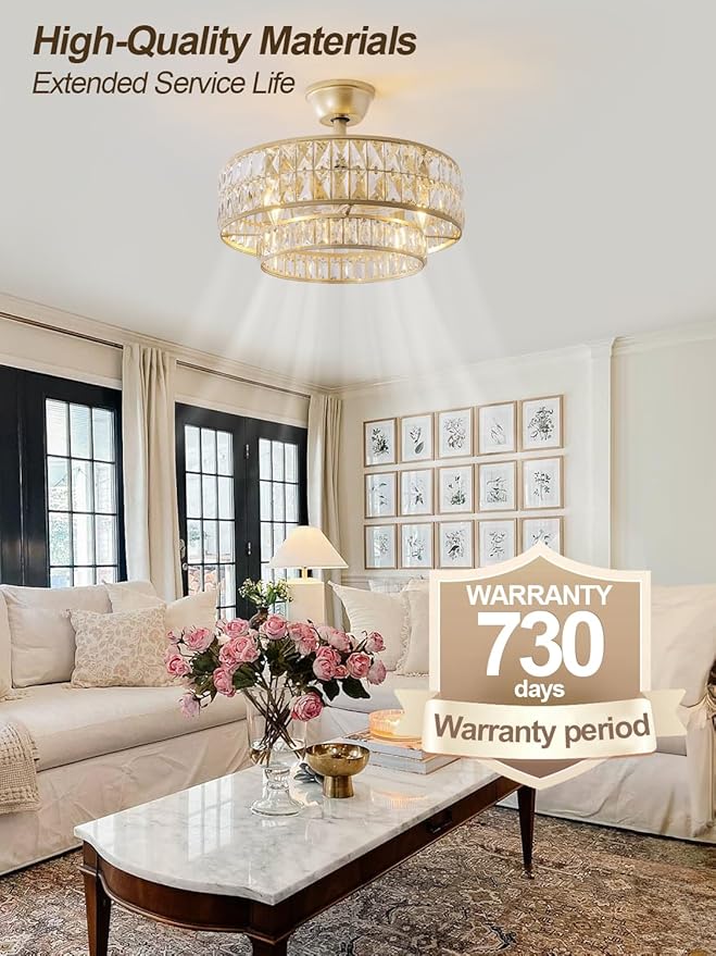 Gold Fandelier Ceiling Fan with Light,20" Crystal Chandelier Ceiling Fans with Lights and Remote Control,Modern Caged Flush Mount Fandelier with 6 Speeds for Living Room Bedroom Nursery