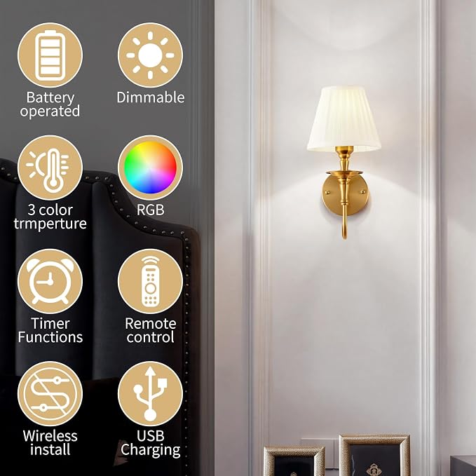 Vintage Wall Sconces, Wireless Wall Sconce Set of 2 with RGB Rechargeable Dimmable Bulbs, Brass-Color Battery Operated Wall Sconce with Remote for Bedroom, Living Room, Hallway