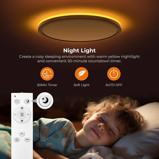 Matane 12in Flush Mount Ceiling Light Fixture with Remote Control, Nightlight 2000K Warm, 3000K-6500K Adjustable, Wired Low Profile Ceiling Lights for Bedroom, Kitchen, Living Room Walnut