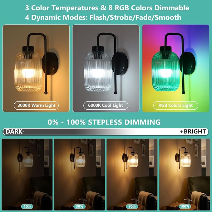 LAMSU Black Battery Operated Wall Sconces Set of 2, Wireless Wall Lights with Remote and Color Temperature Bulb, Rechargeable Cordless Wall Lamps with Clear Glass Shade for Bedroom Living Room