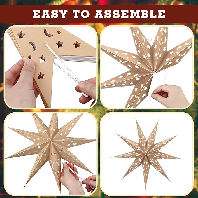 5-Piece 3D Paper Lantern - 24 inch Hollow Star Lamps - Xmas, Wedding, Birthday Multicolor Pack (9 Pointed Stars, Light Khaki)