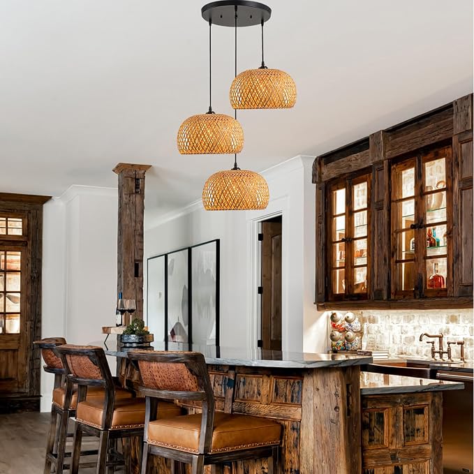 3 Light Open Weave Ceiling Hanging Fixture, Bulbs Not Included | Rustic Bamboo Pendant Light, Wicker Basket Shades, Adjustable 59", Hanging Lamp for Kitchen island Dining Table stairwell