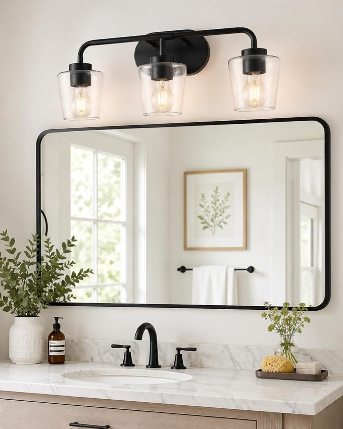 3-Light Matte Black Bathroom Light Fixtures, AD-22004-3W-BK-C | Bathroom Vanity Lights Over Mirror with Clear Glass, Modern Vanity Lighting Fixtures