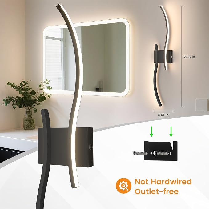 VOLISUN Battery Operated Wall Sconces Set of Two, 27.6 inch Wireless Wall Sconces, 3000K-6500K Dimmable Wall Lamps with Remote, Rechargeable Black Wall Lights for Living Room, Hallway, Bedroom