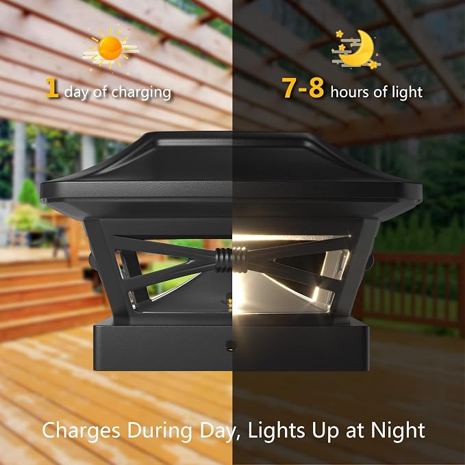 Renaissance Solar Outdoor Post Cap Lights - Includes Bases for 4x4 5x5 6x6 Posts - Bright LED Light - Slate Black (8 Pack) | Slate Black, fence/deck/garden/patio posts, UV fade-protected plastic, auto-on, 7-8h runtime, cordless, IP44, 25lm warm white