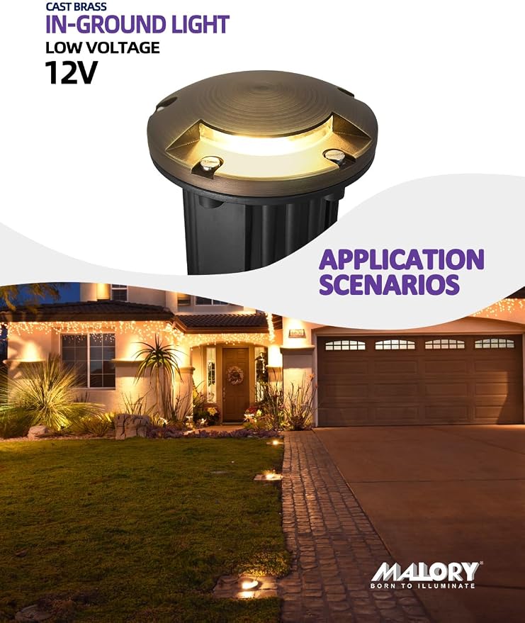 MALORY Brass Top Cover Landscape Well Lights,(5‘’H) 12V Low Voltage Outdoor In Ground Lights,Landscape Lighting for Pathway, Driveway and Garden (One-Direction Turret, 4-Pack with Bulb)