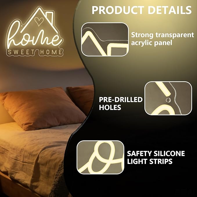 Home Sweet Home Neon Sign for Wall Decor,Warm White LED Signs for Living Room Bedroom House New Home Apartment,House Warming Dimmable Neon Light Gifts for Couple Women Men USB Powered（13"*11"）