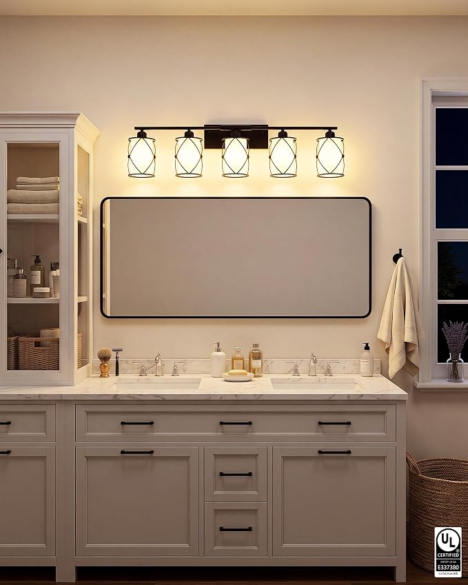 5-Light Matte Black Bathroom Light Fixtures Over Mirror, 38" UL-Listed Modern Farmhouse Wall Sconce Lights with Milk White Frosted Glass and Metal Cage for Bath, E26, CH9176BKW-5W