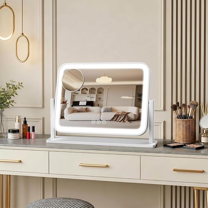 Vanity Mirror with Lights, 16.5"×12.2" LED Makeup Mirror, Rounded Frame, 10X Magnification, Smart Touch with 3-Color Lighting, Dimmable, 360° Rotation, Lighted Up for Makeup Desk, Bedroom (White)