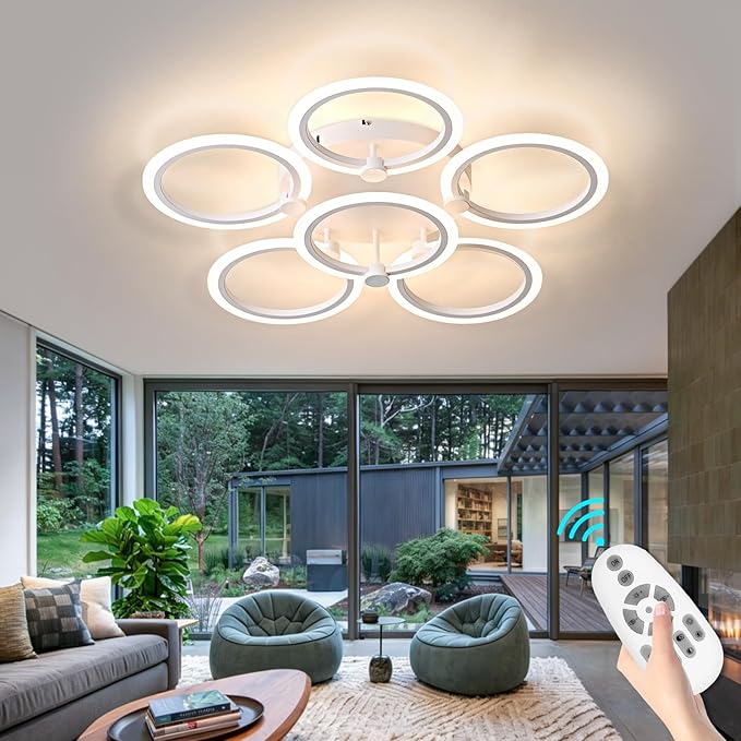 LED Ceiling Light, 6-Ring Modern Flush Mount Fixture, 77W Dimmable 3000K–6500K, White Ceiling Light with Remote for Living Room Bedroom Kitchen (28.9")