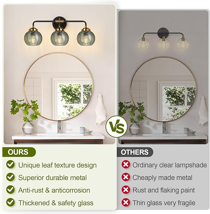 Bathroom Light Fixtures, 3-Light Green Vanity Lights with Unique Leaf Texture Glass Shade, Modern Matte Black and Gold Bathroom Wall Lamp for Mirror Hallway Cabinet Living Room