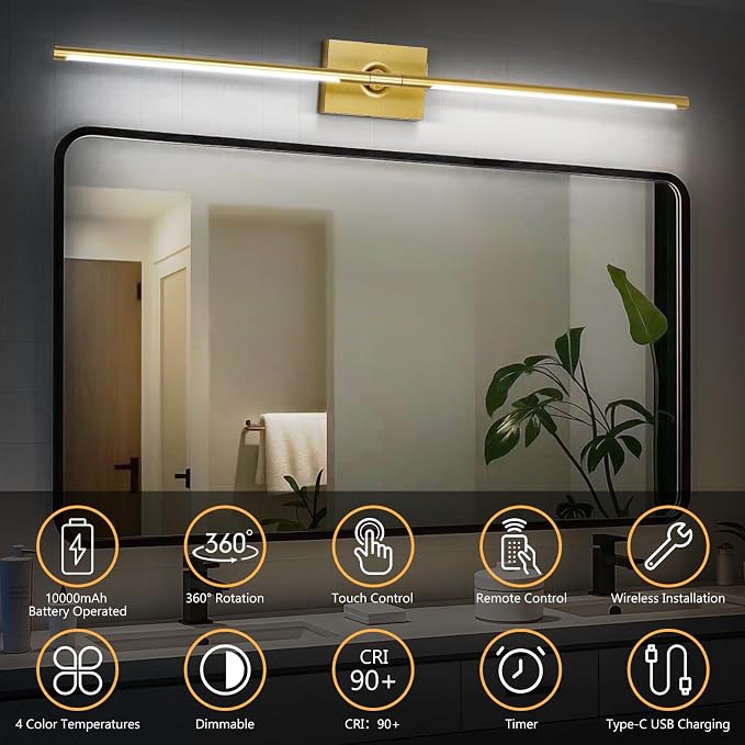 Eneru Battery Operated Wall Sconce 1 Pack, Gold Wireless Wall Light 31.5in | Rechargeable 10000mAh, Touch and Remote Control, 360° Rotate, 4CCT Dimmable, Wall Lamp for Living Room Bedroom Hallway
