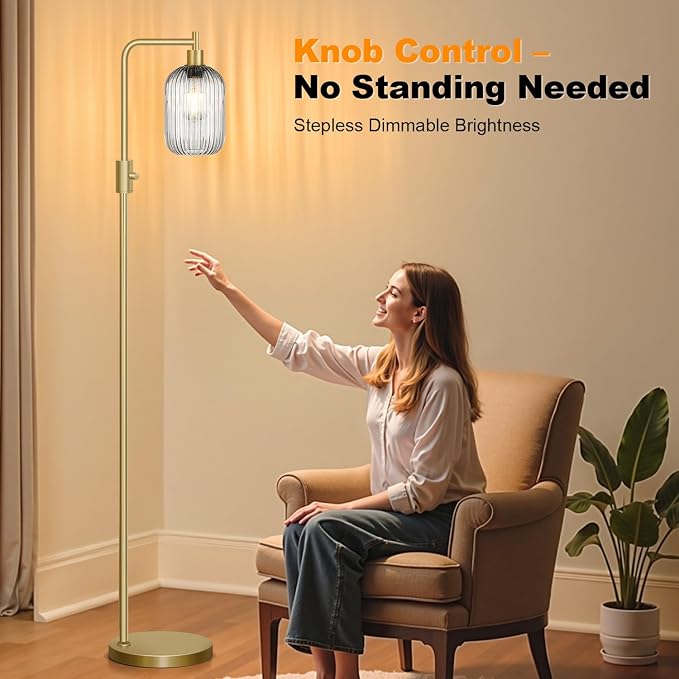【Upgraded】 Dimmable Floor Lamp for Living Room with Gray Ribbed Glass Lampshade, Gold Modern Floor Lamp with 900LM LED Bulb Included, Arc Standing Tall Lamp for Bedroom, Office, Reading Room, Corner