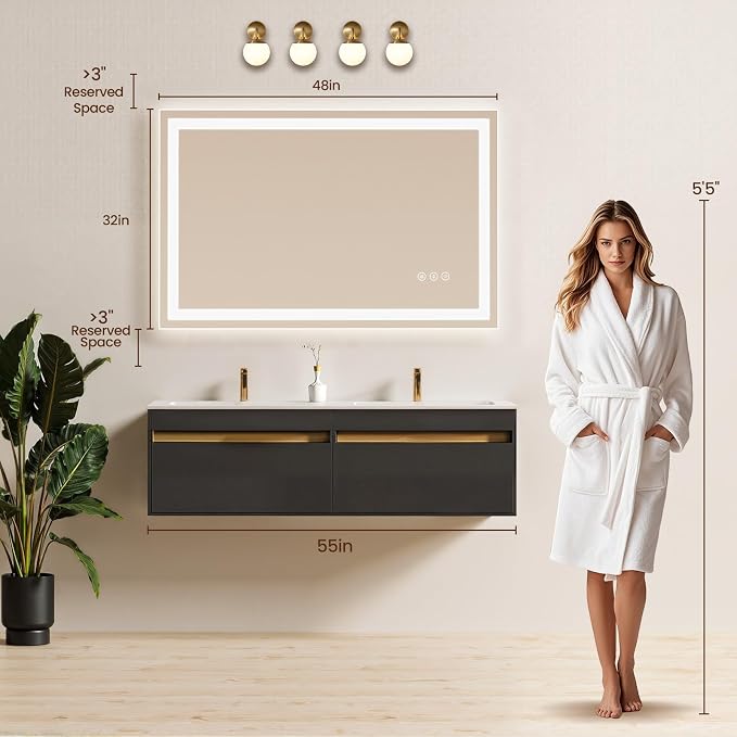 48x32 LED Bathroom Mirror with Anti-Fog, Backlit & Front Lit, Memory | Stepless Dimmable 3 Color CRI 95+ Shatterproof Tempered Glass ETL Listed for Safety Lighted Bathroom Vanity Mirror for Wall