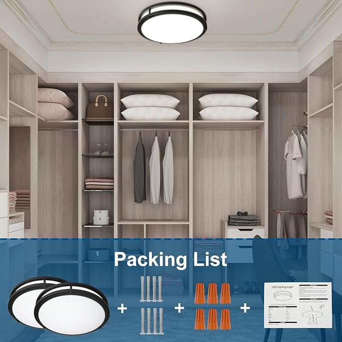 OOWOLF 2-Pack 36W 13inch LED Flush Mount Ceiling Light Fixture Dimmable Matte Black, Easy to Install LED Ceiling Lamp Fixture Without Flicker, Super Bright 3600LM 5CCT Daylight White