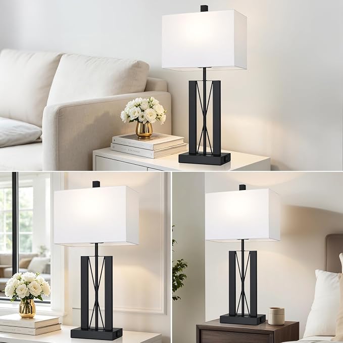 Lolikit 25" Modern Table Lamp for Living Room,Bedside Lamp for Bedroom | 2 USB Charging Ports,White and Black,Geometric Industrial Contemporary,LED Bulbs Shade Included,Bedrooms,Nightstand,End Table