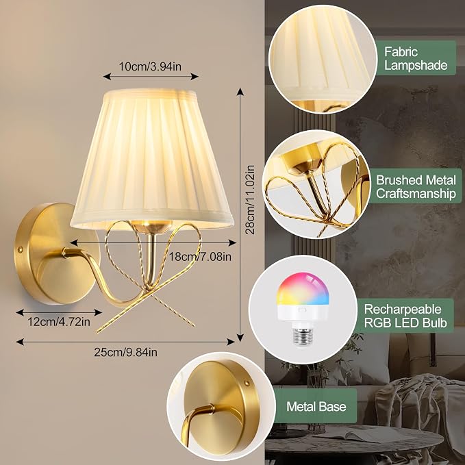 Cordless Battery Operated Wall Sconces Set of Two, Vintage Gold Sconces Wall Decor, Rechargeable Dimmable LED Lights with 15 Colors, Bow Wireless Wall Lamp for Bedroom Living Room Hallway