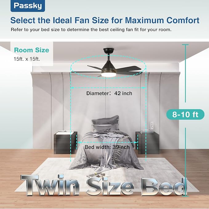 Passky 42 Inch Black Sleek Ceiling Fans with Lights, Remote Control | 3-color dimmable light, quiet reversible DC motor, easy install, memory, Timer, bedroom, covered outdoor areas