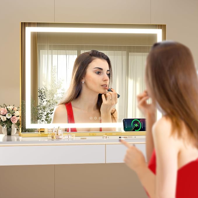 Hasipu Vanity Mirror with Lights, 32" x 20" LED Makeup Mirror, Lighted Makeup Mirror with Dimmable 3 Modes, Touch Screen Control Vanity Mirror Square Gold