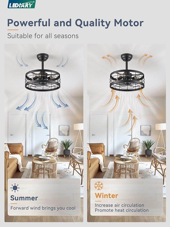LEDIARY 16.5 inch Caged Fandelier Ceiling Fan Light with Remote, Black | 6 Speed Adjustable,Timing, Quiet & Powerful DC, Small, Farmhouse, Industrial, Enclosed, Bladeless, Bedroom, Kitchen, Downrod