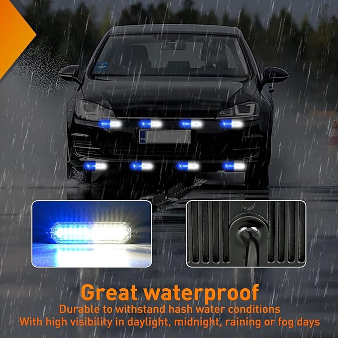 Nilight 8PCS Led Strobe Lights 12LED Blue White Emergency Light 12V 24V Surface Mount Flashing Warning Hazard Beacon Ultra Slim Sync Feature Mini Grille for Cars Trucks Off Road Vehicles SUV