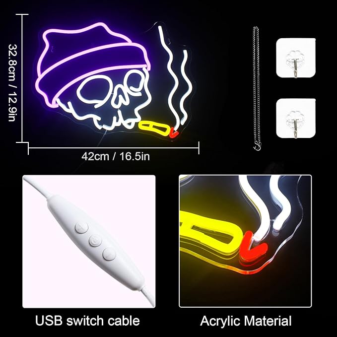 Lucunstar Skull Neon Sign Halloween LED Sign Neon Signs for Wall Decor Adjustable Brightness Halloween Neon Signs Neon Sign For Party Bedroom Wall Decor Home Party Light Decoration