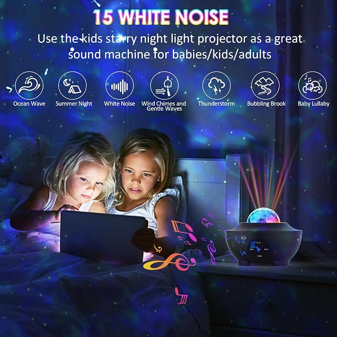 Sunbox Star Projector,Galaxy Projector Night Light with Remote Control,White Noise,Music Speaker&Timer,Starry Light Projector for Bedroom,Party,Decoration,Star Night Light