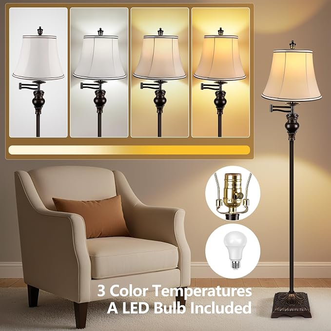 Vintage Floor Lamps for Living Room,Traditional 350° Adjustable Swing Arm Farmhouse Floor Lamp for Bedroom, Rustic Standing Lamp Pole Lamps for Reading, Home Décor and Office, Brown