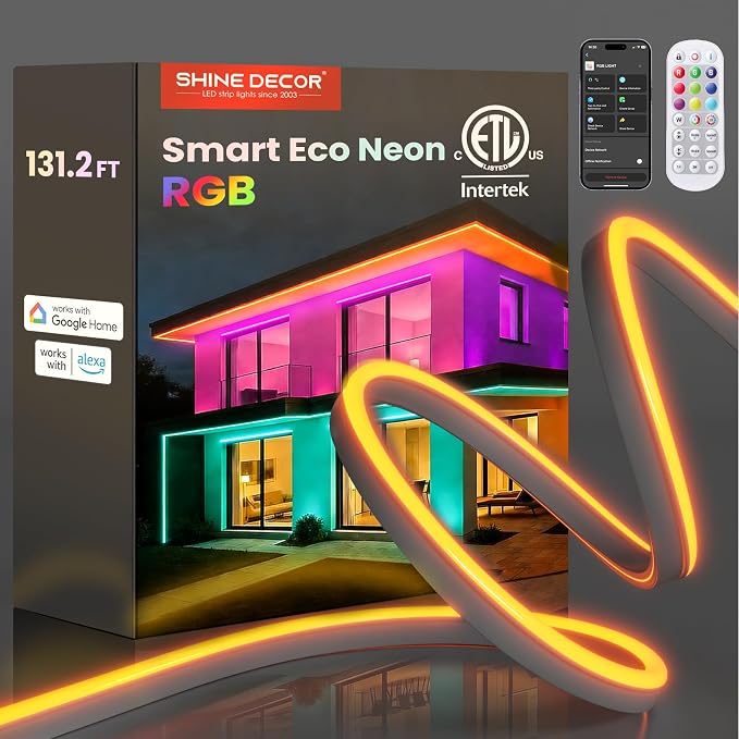 Smart LED RGB Neon Rope Lights AC 120V, ETL Expandable Color Changing Dimmable with Remote Compatible with Alexa, Google Assistant, Cold-Resistant & IP65 Waterproof, 8x16 mm, 131.2FT