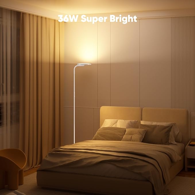 36W LED Floor Lamp, Super Bright Standing Lamp, Modern Stepless Dimmable Torchiere Tall Lamp with Remote Control, 350°Rotating Head Reading Floor Lamp for Living Room, Bedroom, Office