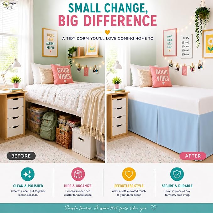 Cottington Lane Tailored Box Pleated College Dorm Bed Skirt Twin XL, Hotel Quality Premium Brushed Microfiber Extra Long Bedskirt Twin XL 56 Inch Drop, Light Blue Dorm Bedding