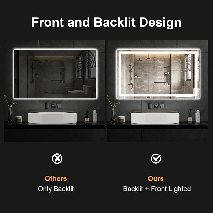 LED Bathroom Mirror with Lights, 30 x 50 Lighted Vanity Wall Mirror | Backlit and Frontlit, Anti-Fog, Dimmable 3 Colors, Shatter-Proof Tempered Glass, Memory Function, Plug-in/Hardwired