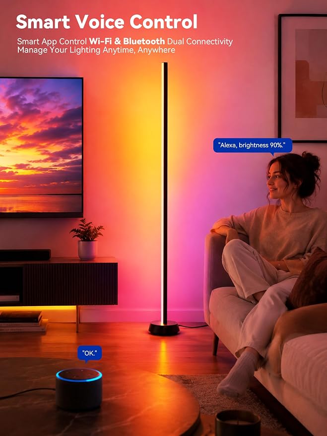 Smart LED Floor Lamp, RGBY+IC Corner Floor Lamp for Living Room | 36W Dimmable LED Floor Lamp with Alexa & App Control, DIY Color Effects, Standing Lamp for Gaming Room Bedroom Home Decor