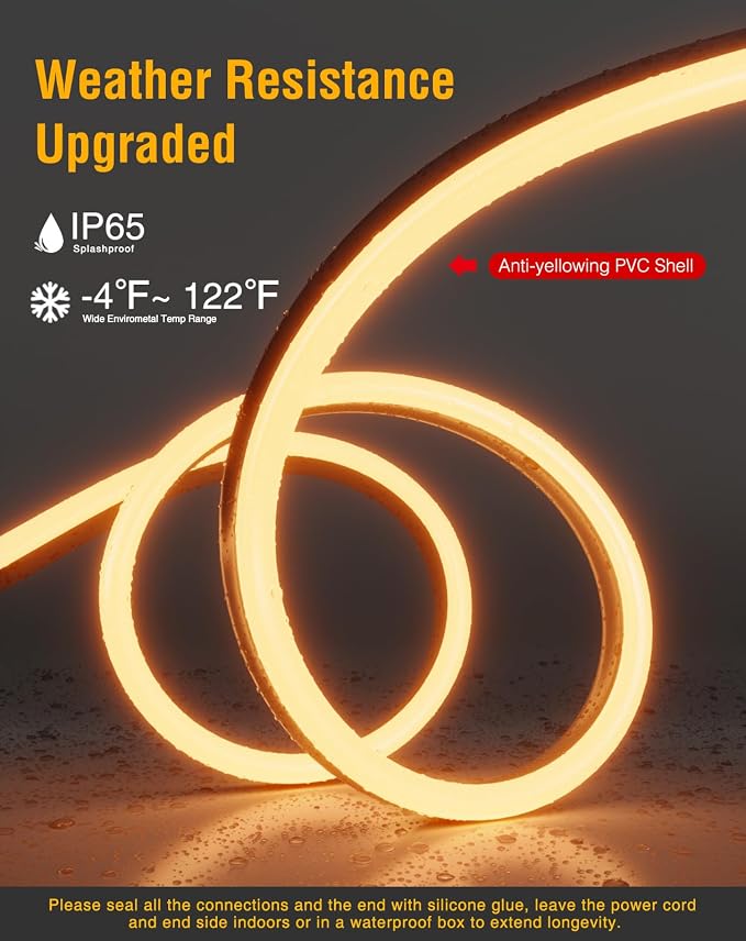 LED Neon Rope Lights 120VAC, 120LEDs/M Lum Strip Lighting End Extendable 2500K Warm White 65ft, Water & Cold Resistant for Outdoor Indoor, 4520LM Bright 8x16mm ETL Listed