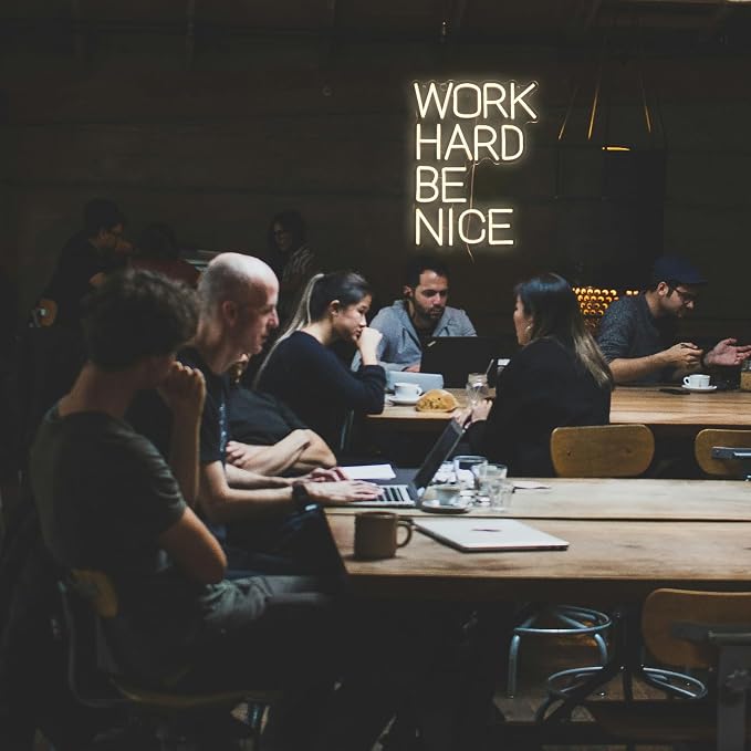 Work Hard Be Nice Neon Sign for Wall Decor Warm White Neon Light Powered by USB Dimmable LED Letters Neon Light Sign for Office Study Room Classroom Bedroom Meeting Room Neon Decor