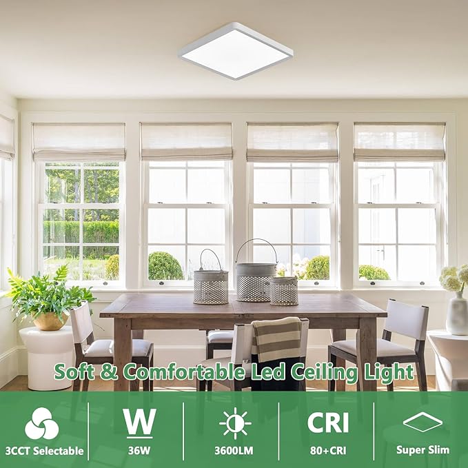 16 Inch Square LED Flush Mount Ceiling Light 4 Pack, 36W 3600LM, 3000K/4000K/6000K CCT Selectable, White Super Slim Low Profile Ceiling Light Firxtue for Bedroom/Kitchen/Living room/Dinning room