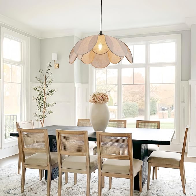 Large Linen Chandelier Fixture, 22in Rattan Chandelier Fixture, Woven Boho Coastal Pendant Lights, Wicker Hanging Ceiling Lights for Dining Room, Kitchen Island, Living Room, Bedroom