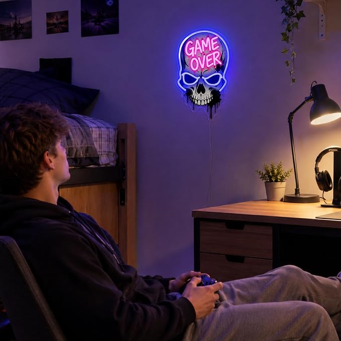 Game Over Skull Neon Sign LED Neon Light USB Dimmable Gaming Room Decor