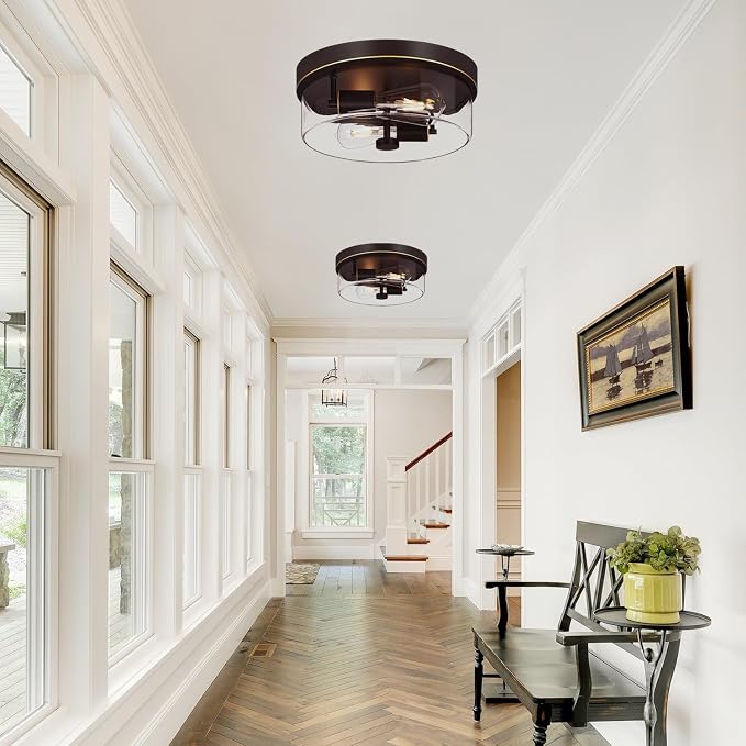 Flush Mount Ceiling Light Fixtures, 2-Light Oil Rubbed Bronze Ceiling Mount for Farmhouse with Clear Glass Lampshade, Industrial Flush Mount Light Fixture for Hallway, Kitchen, Entryway and Foyer