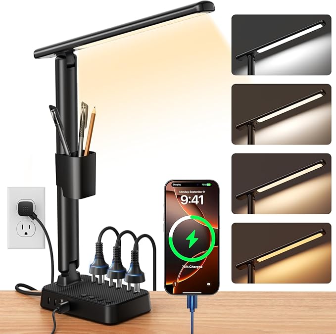 LED Desk Lamp with Power Strip, 3 AC Outlets, 4 USB Ports, Stepless Dimming | 2800K-6500K Color, 2 USB-C, Foldable Design, Timer & Memory, Study, Home Office & College Dorm, 10FT