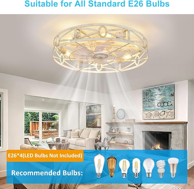Depuley Flush Mount Ceiling Fan: 24" Caged Ceiling Fans with Remote Control for Patio Kitchen Bedroom - Low Profile Fandelier Lights Fixture Reversible 6 Speed Timer Cement 6*E26 Bulb Not Included