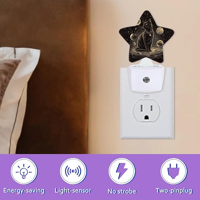 Black Cat Night Lights Plug Into Wall Decorative,Astrology Planet Sleep Friendly Lamp, Energy Efficient Dusk-to-Dawn Sensor Nightlights for Kid Bedroom Nursery Bathroom
