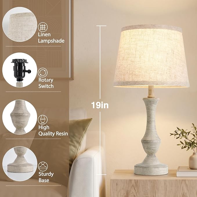 Luvkczc Table Lamp Set of 2, 19" Cottage Core Resin Bedside Lamps Nightstand Lamp for Living Room & Bedroom, Linen Shade Desk Lamps Office, Study(Bulb not Included)