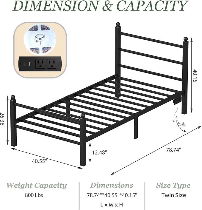 Twin Bed Frames with Charging Station & LED Lights, Metal bed frame twin size with Headboard and Footboard, Heavy Duty Slats Support Platform, No Box Spring Needed, Noise Free, Easy Assembly, Black