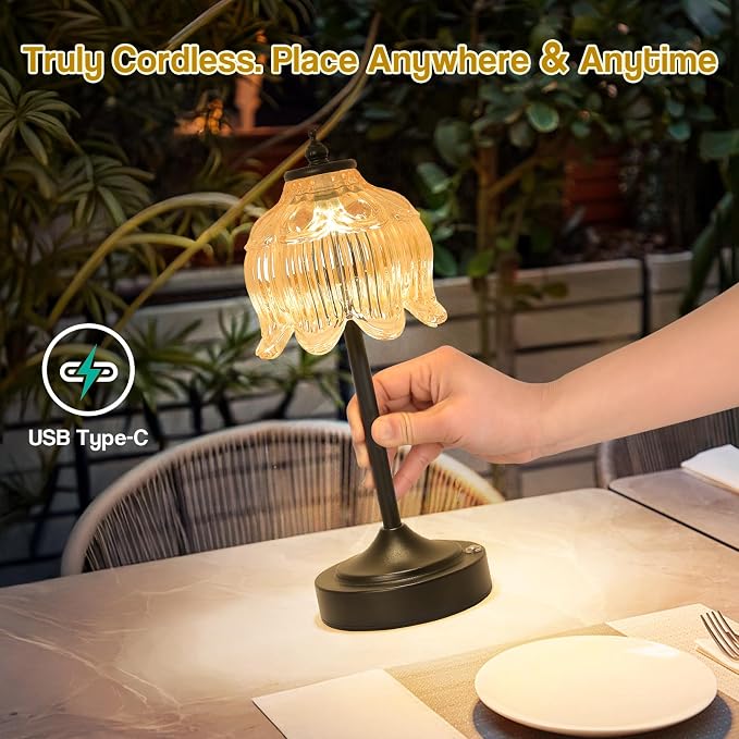 Cordless Table Lamp, Rechargeable Amber Glass Lotus Flower Lamp | 5200mAh touch lamp with 3 color modes and stepless dimming, battery operated lamp for nightstands and kitchen counters